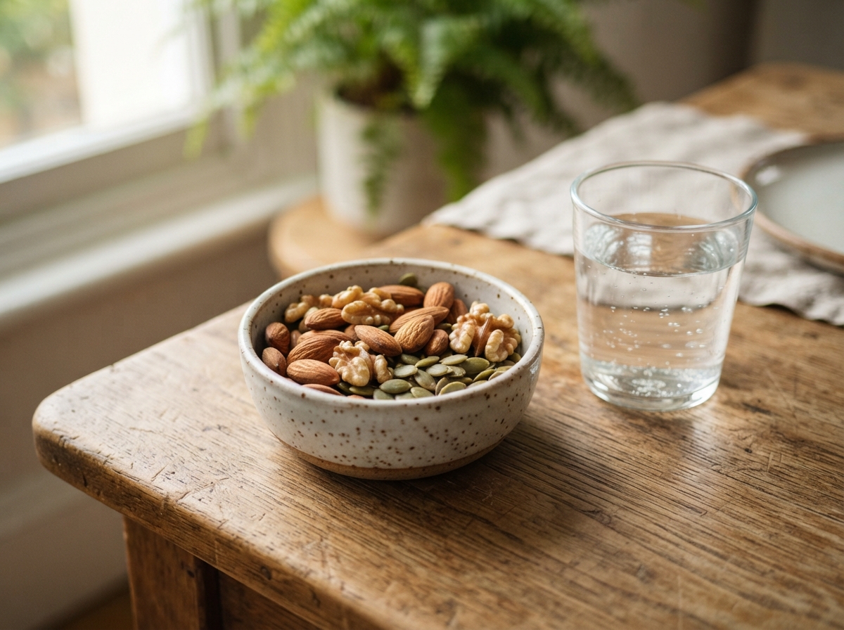 Voedingsmiddelen rijke aan B-vitamines: granen, noten, groenten op lichte tafel